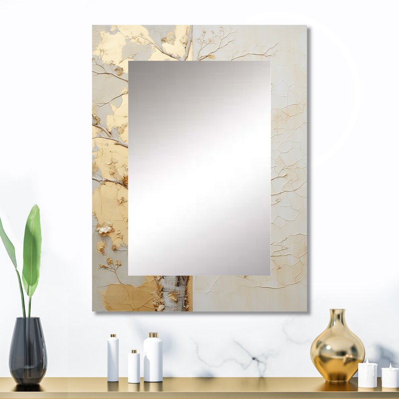Gold And Beige Tree Amercian Basswood - Floral Decorative Mirror On Metal, 32" x 24"