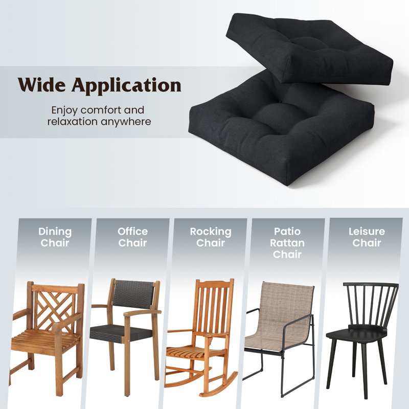 Set Of 2 21'' x 21'' Patio Chair Seat Cushion Pads Indoor/Outdoor Black, 2, Black