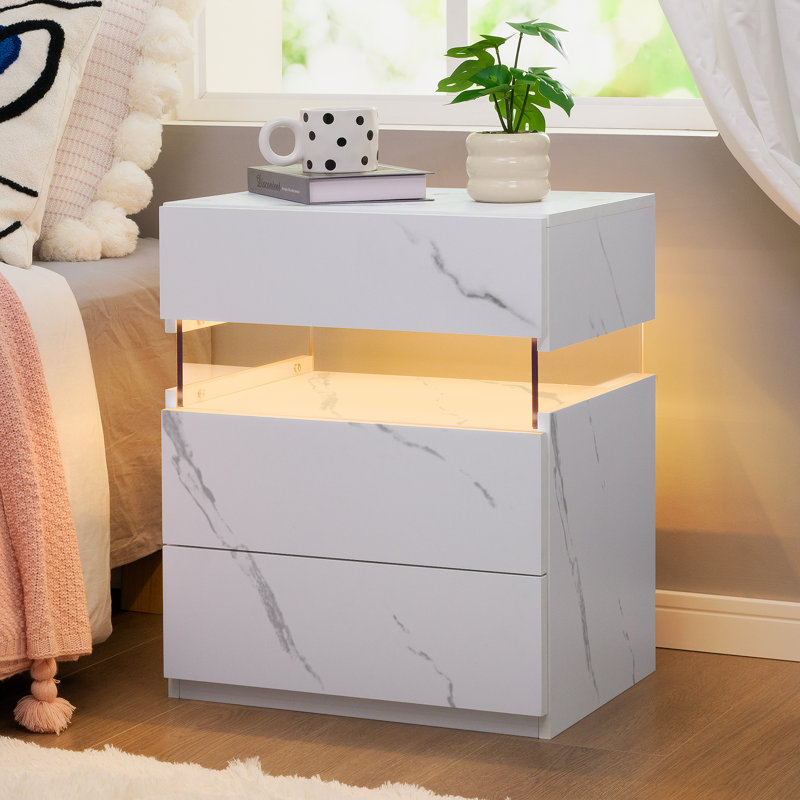 Nightstands 3 Drawer Dresser for Bedroom End Table with Acrylic Board LED Bedside Tables, White Marble