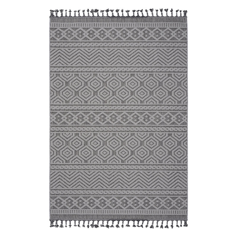 Grey/White Geometric Indoor/Outdoor Area Rug, Rectangle 6'7" x 7'9"