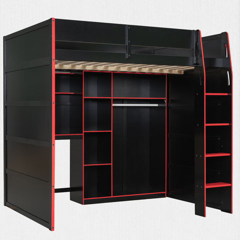 Lit mezzanine double avec bureau intégré, Rouge