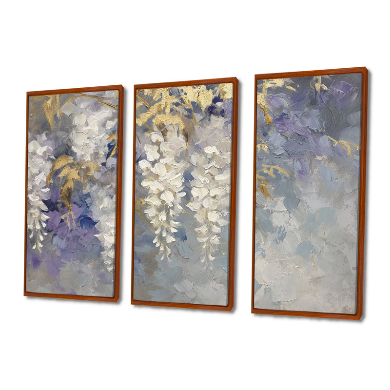 Ensemble de reproductions d'art murales blanches Wisteria, H 40 po x l 60 po x P 1 po, Cadre flottant brun