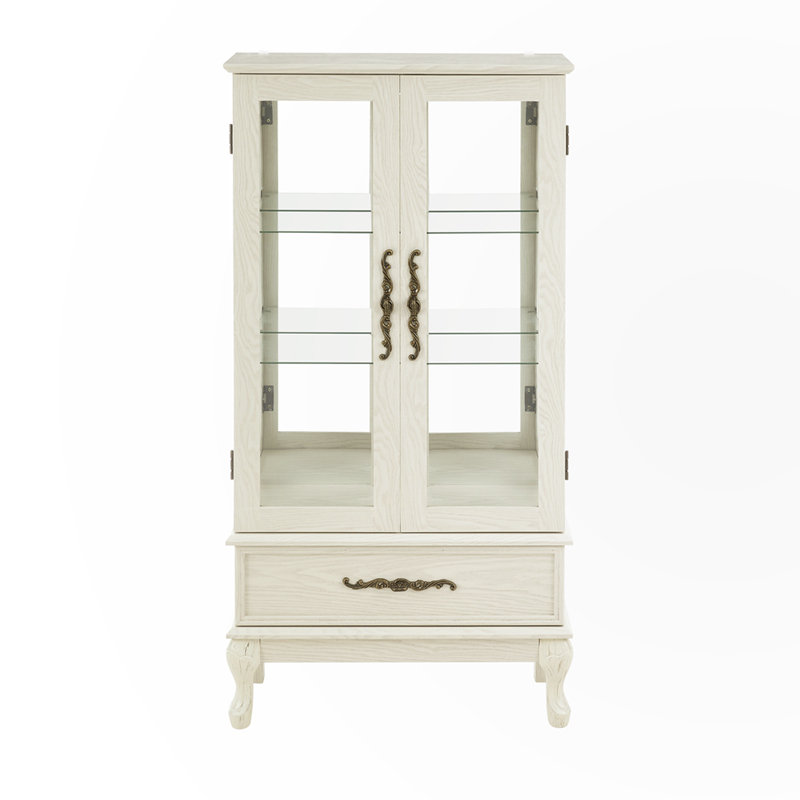 Antique White Lighted Glass Curio Cabinet with Adjustable Shelves