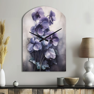 Purple Grey Violets Dream II - Arch Shape Large Floral 3D Wall Clock