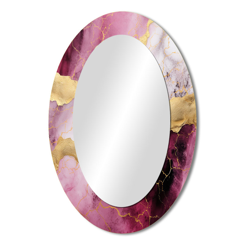 Pink And Gold Marble Essence I - Abstract Oval Decorative Mirror On Metal, 36" x 24"
