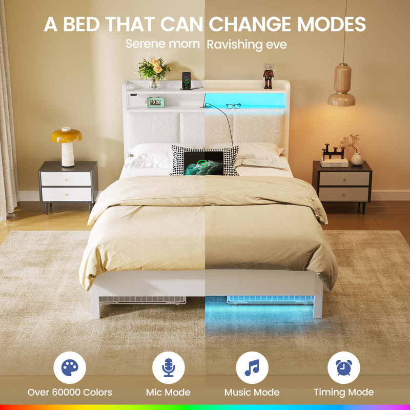 Bed with Headboard and Power Outlets, Upholstered bed with 4 Drawers and RGB LED Lights, Off White, Twin/Single
