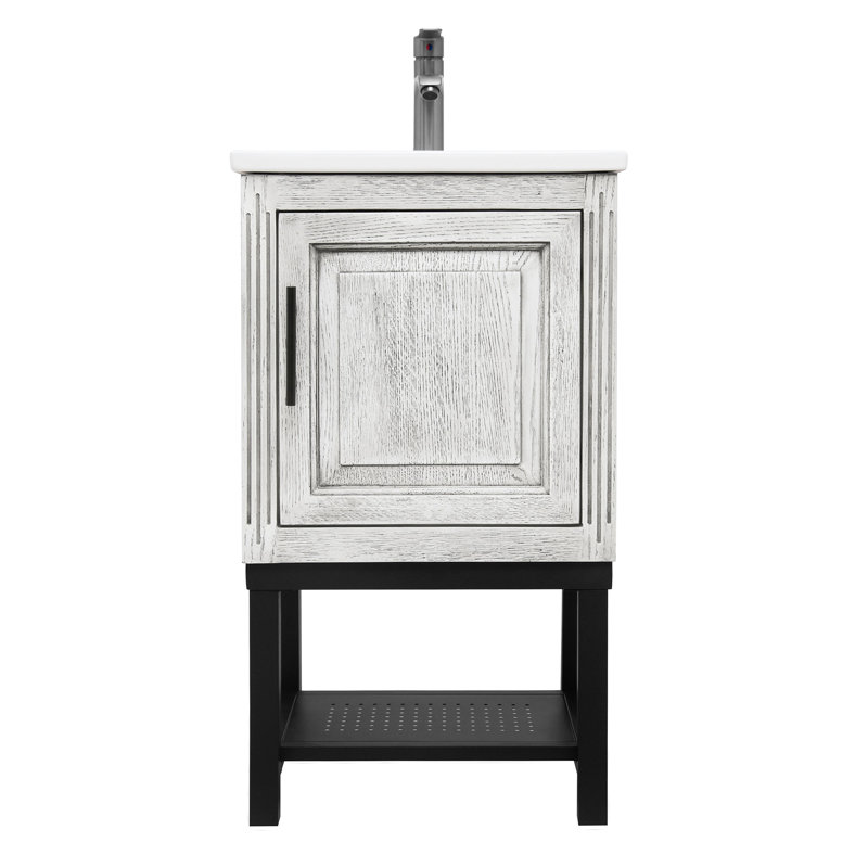 Armoire de salle de bain autoportante de 20 pouces avec lavabo en céramique blanche, robinet en aluminium texturé, 1 porte et tablettes creuses, meuble-lavabo avec cadre de rangement oxydé et tablette ouverte en fer,