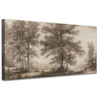 Art mural rétro forêt, sépia, décoration murale sur toile inspirée de la nature pour le salon ou la chambre à coucher, galerie d'art de peinture sur bois rustique tendue, prête à être suspendue, 12 po x 24 po