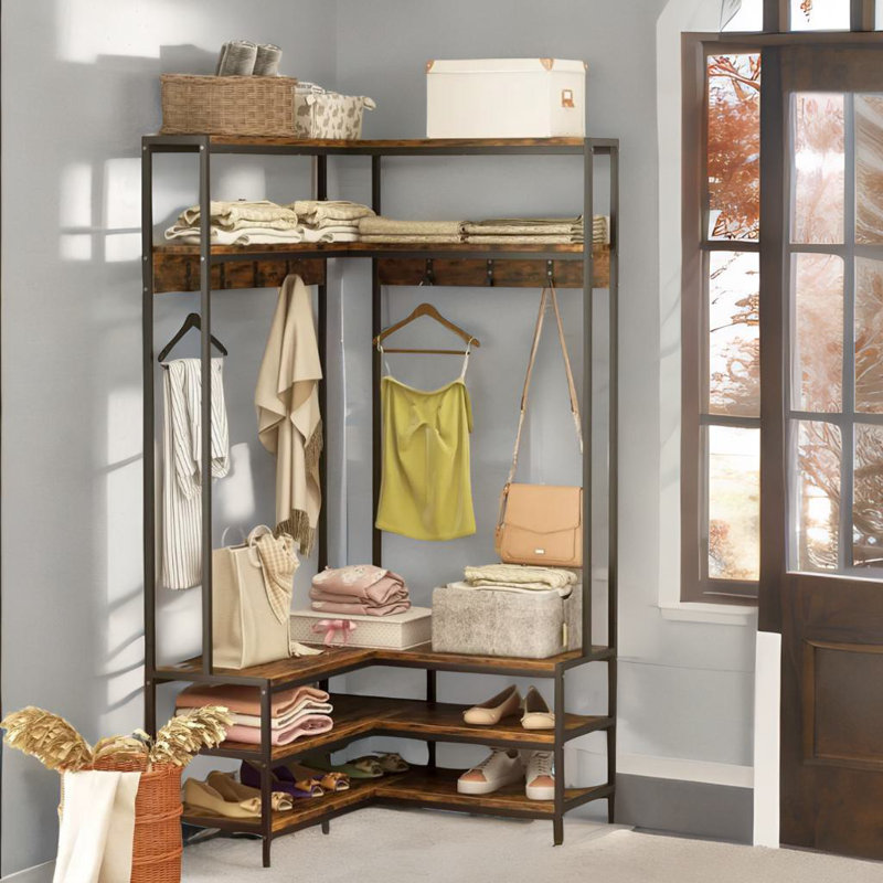 Ansby Industrial L-Shaped Hall Tree Coat Rack Stand With Shoe Storage Shelves