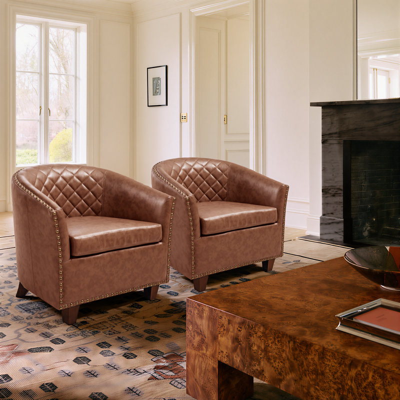 Fauteuil demi-tonneau en cuir moderne avec dossier capitonné à losanges et garniture cloutée, Brun