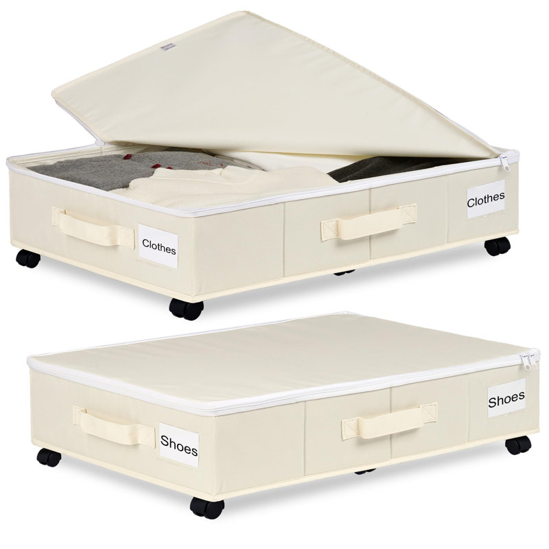 Under Bed Storage With Wheels, 2 Pack Under Bed Storage Containers With Label Holders For Clothes, Shoes And Blankets, Rolling Underbed Shoe Organizer With Cover, Beige