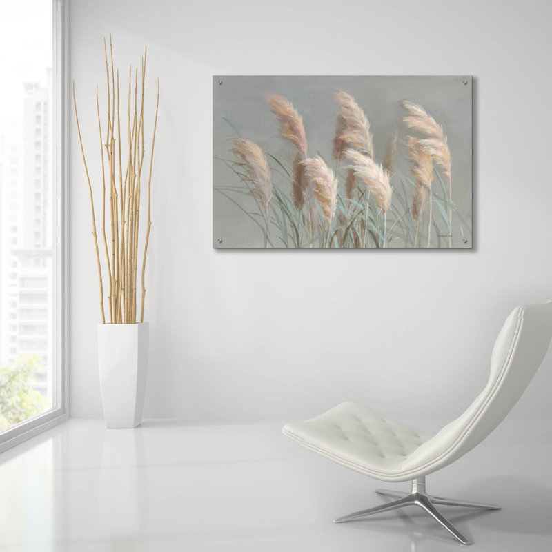 «Pampas Grasses On Grey» par Danhui Nai, art mural en verre acrylique, H 24 po x l 36 po x P 0,2 po
