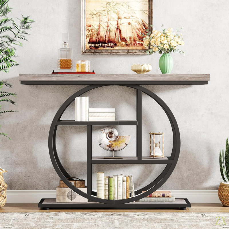 41.3" Industrial Console Table, 4-Tier  Sofa Table With Unique Circle Metal Frame & Storage Shelves, Narrow Entryway Accent Table For Living Room, Hallway, Foyer