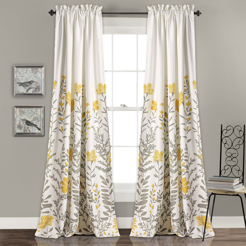 Aprile Room Darkening Curtain Pair, White/Gray/Yellow, 52"W x 84"L