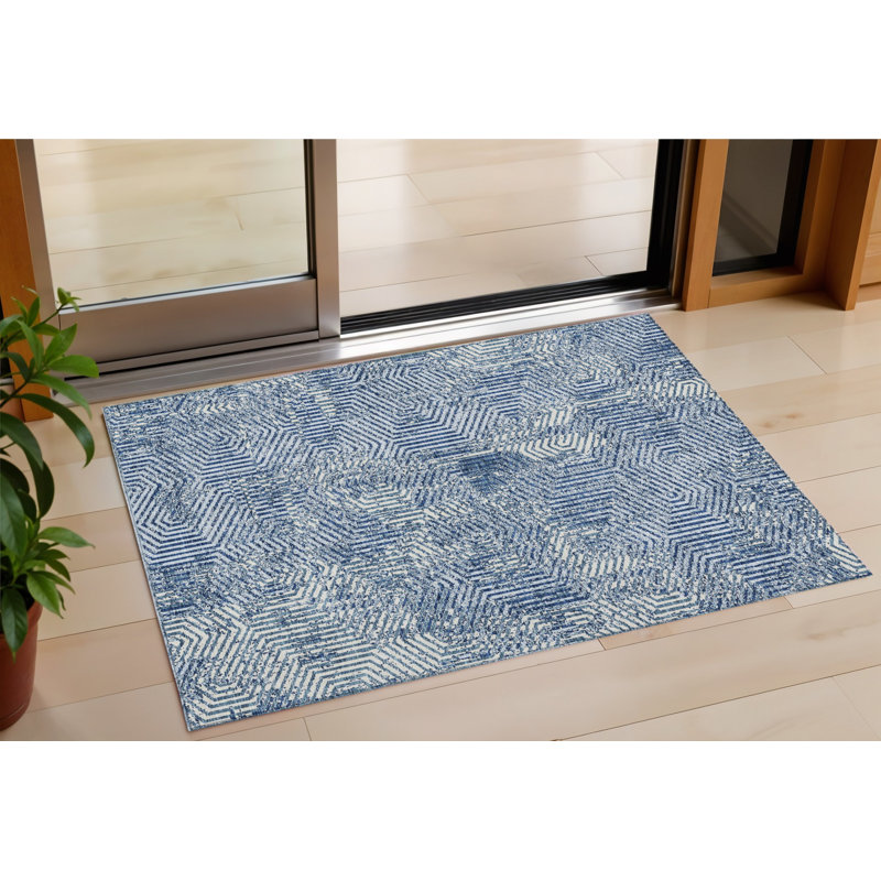 3' X 5' Navy Blue And Ivory Geometric Washable Indoor Outdoor Area Rug