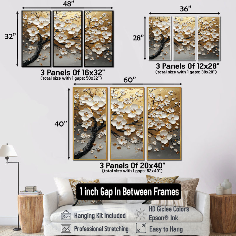 «Dreaming White and Gold Cherry Blossom Branch I», ensemble d'art mural cerisier en fleurs, Toile encadrée flottée blanche
