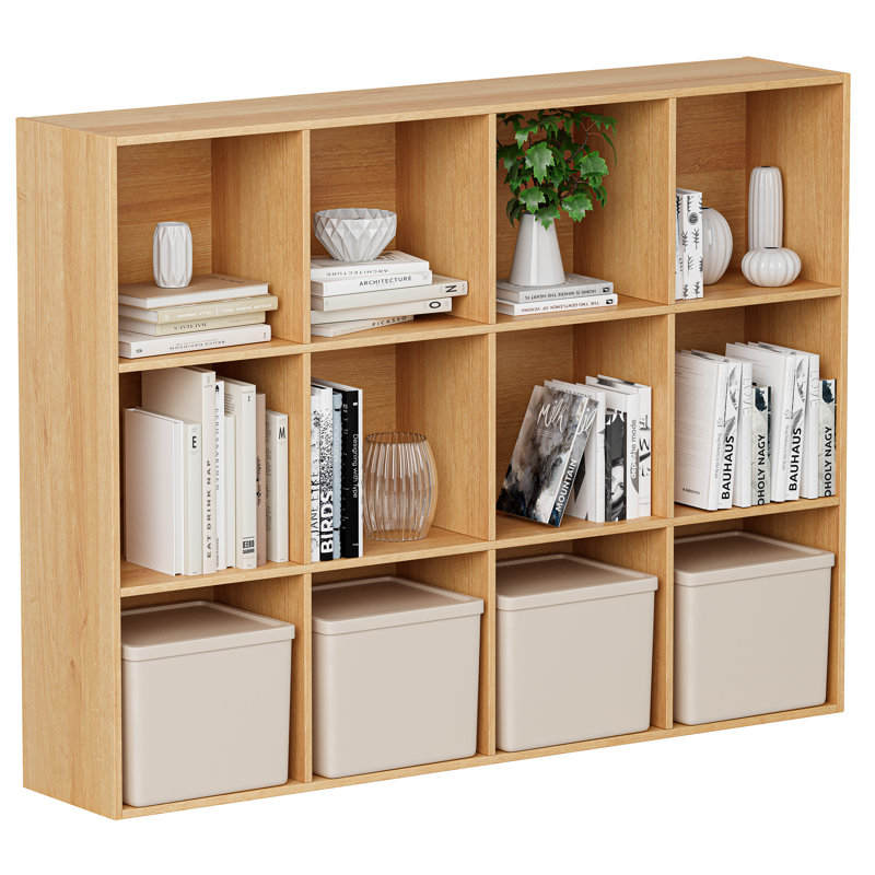 12-Cube Bookcases, Closed Back Bookshelf Storage Unit, Natural Oak Style Cabinet for Living Room Bedroom Office, Natural Oak