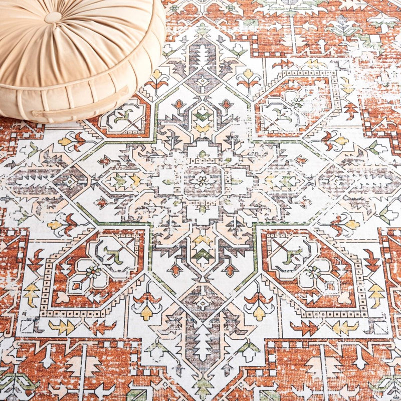 Arizona Oriental Machine Washable Non-Slip Area Rug in Ivory & Red, Square 183cm