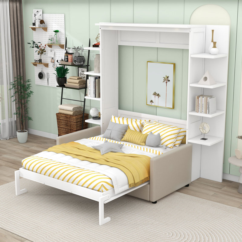 Grand lit escamotable avec canapé intégré, mécanisme de levage facile et design élégant, Blanc