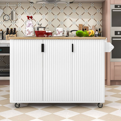Elegant Waveform Fluted Kitchen Cart with Extendable Drop Leaf and Mobile Design