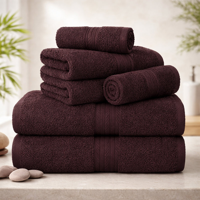 Como Smooth Soft and Thick 100% Cotton Towel Set, Brown, 6 Piece Towel Set