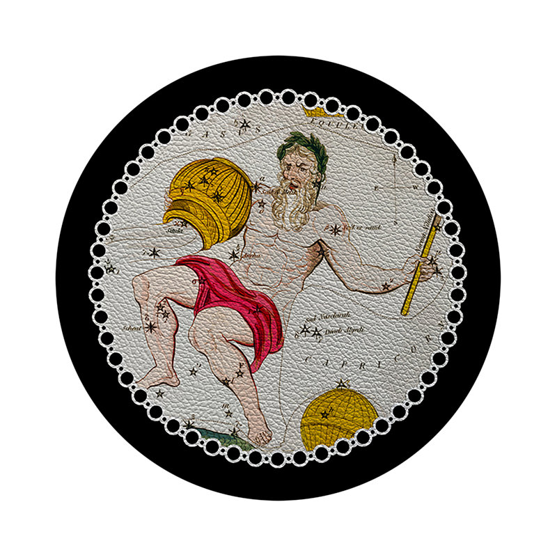Zodiac Aquarius Vegan Leather Round Pebble Placemat, Black