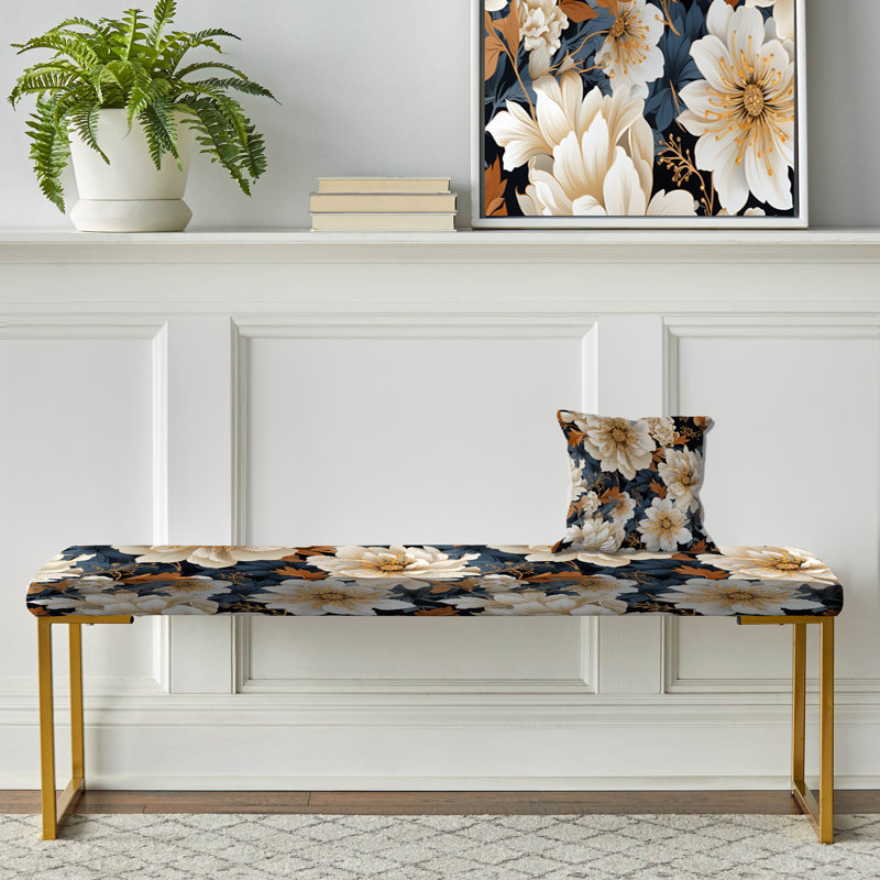 Upholstered Gold Bench, White & Gold Contemporary Floral Fusion Collage