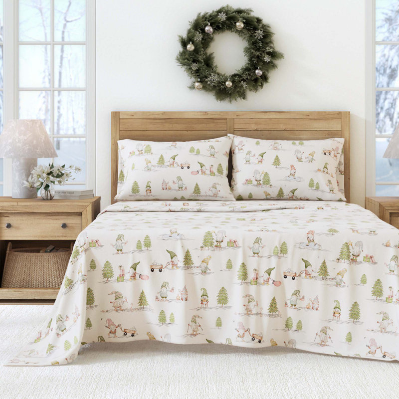 Ensemble de draps 100% flanelle de coton, Gnome de Noël, Full Sheet Set with 2 Pillowcases