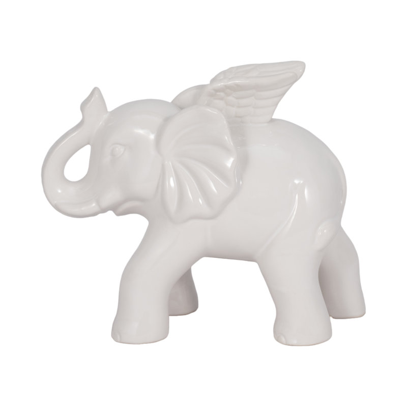 White Modern Neutral 7" Ceramic Angel Elephant Figurine - 8" x 4" x 6"