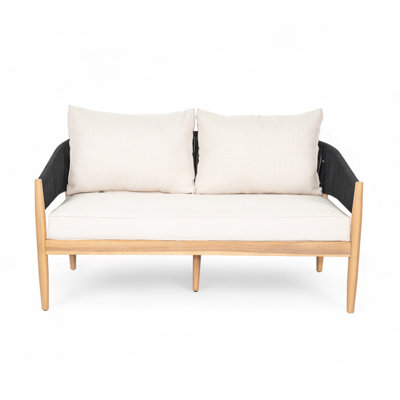 Causeuse d'extérieur en bois d'acacia de patio, bois au fini naturel, coussin beige, corde noire