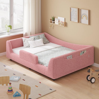 Floor Bed, Low Montessori 2-In-1 Convertible Beds, With Slats And High Rails, Upholstered Teddy Boucle, Curve Round Frame, No Box Spring Needed, Easy Assemble