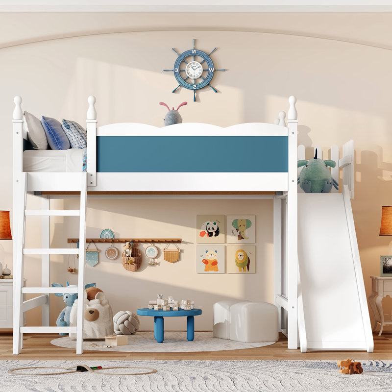 Lit mezzanine double bleu et blanc avec tablettes de rangement, glissière amovible, étapes d'installation simple, idéal pour économiser de l'espace dans la chambre à coucher