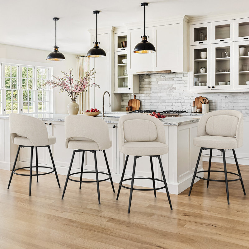 26" H Swivel Metal Bar Stool with Back Pillow, Linen Color-Chenile , 4