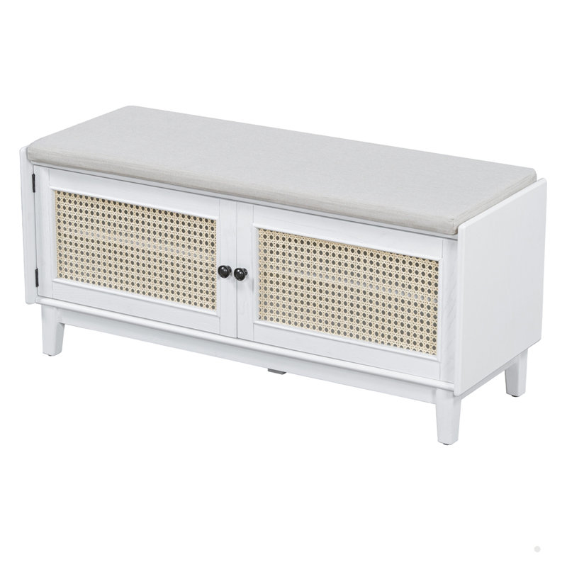 43.1-inch Wooden Rattan Entryway Bench with Storage and Removable Cushion, White