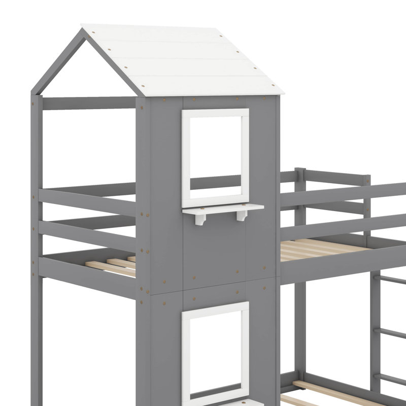 Lit superposé simple au-dessus d'un lit simple en bois avec toit, fenêtre et garde-corps, Gris