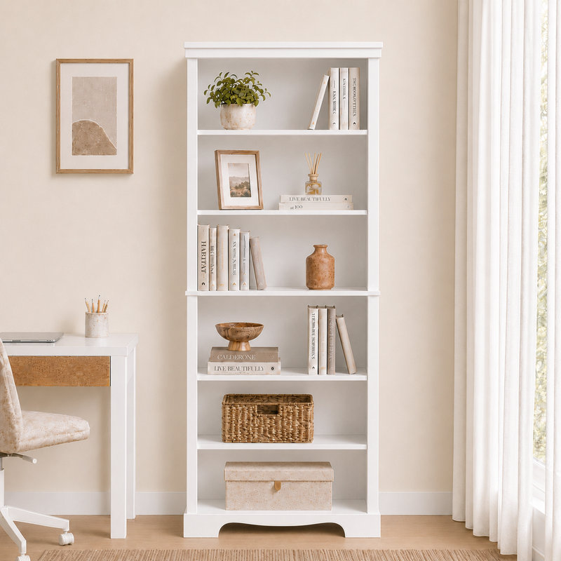 Bibliothèque à 6 niveaux avec bibliothèque en bois H 73 "et 2 tablettes réglables, White