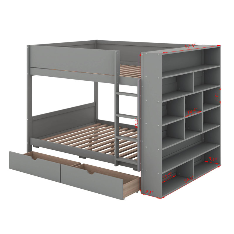 Full Over Full Bunk Bed With Drawers And Cabinet, Gray