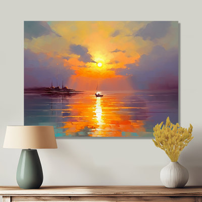 Bateau qui quitte le port, coucher de soleil doré - décor d'art mural coucher de soleil