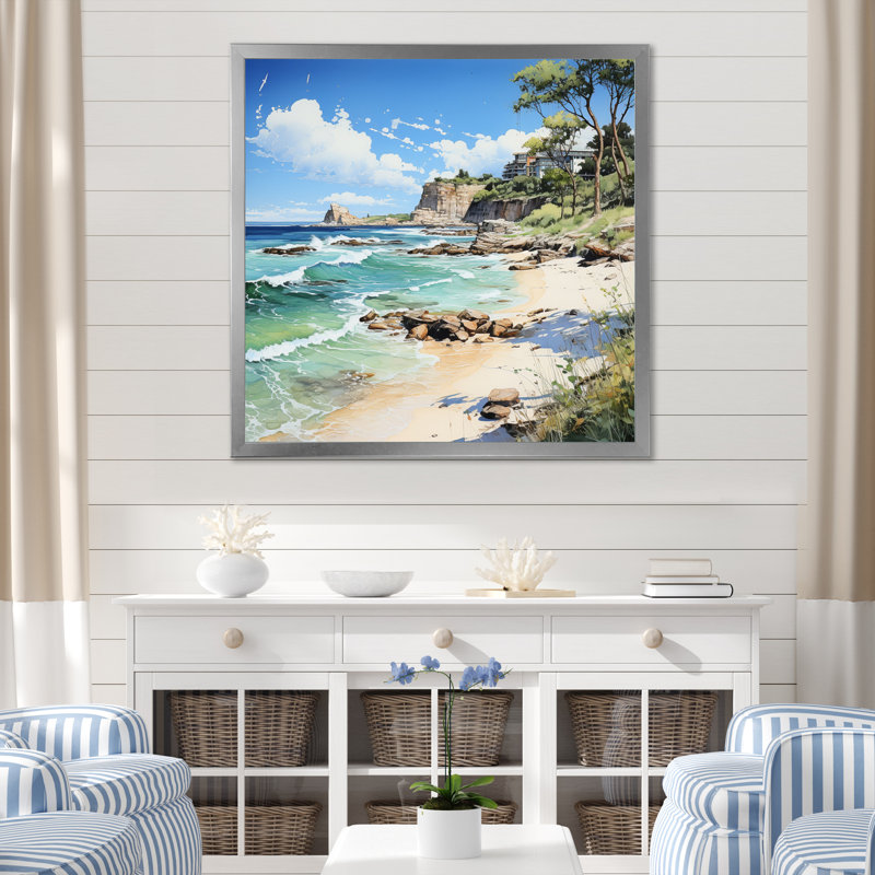 Plage contrastante pointillisme I, H 24 po x l 24 po x P 1 po, Cadre simple argenté