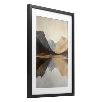 Terracotta Reflections Lake Landscape, reproduction encadrée sous verre, design par Petal Prints Design