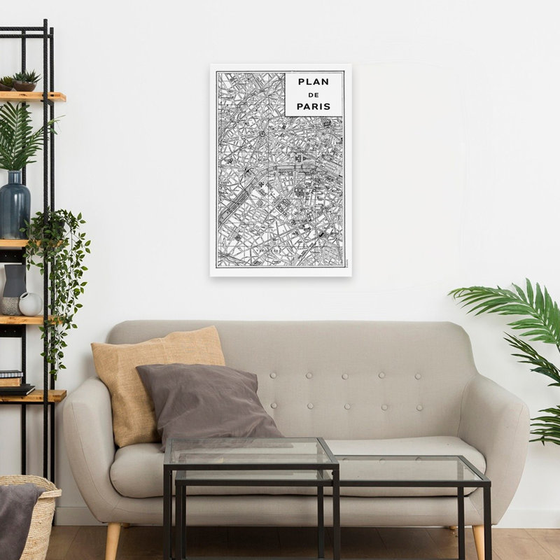 Carte de Paris inversée français; Modèle rétro noir, noir et blanc de Bw Europe, H 24 po x l 16 po