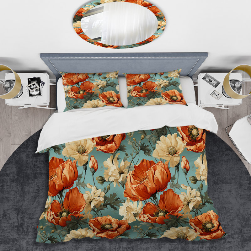 Ensemble de housse de couette Corail et beige Poppy Bliss Meadow, Housse de couette pour grand lit et 2 taies décor