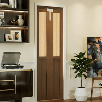 Bifold Doors - Rattan Panel & Cherry Wood Finish MDF Folding Interior Door With Lock Handle And Hardware Kits For Closet Or Laundry Room