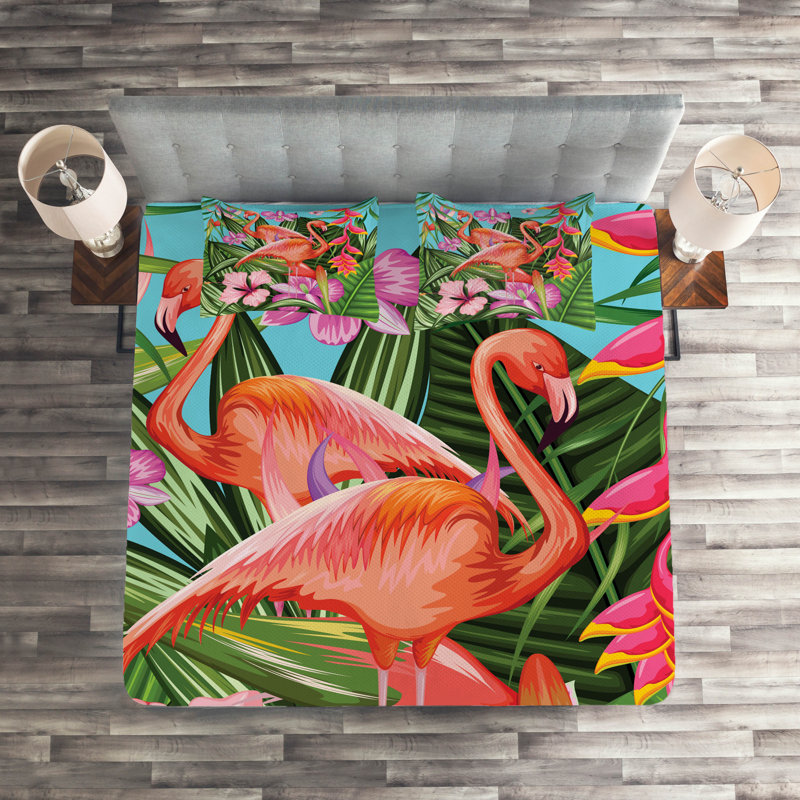 King Multicolor Flamingo Microfiber Quilted Bedspread Set