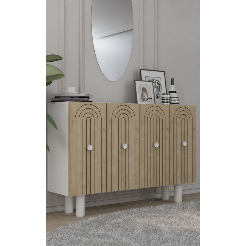 Console moderne avec de nombreuses tablettes, blanc et chêne saphir, panneau de particules recouvert de mélamine à 100%, épaisseur: 0,7 pouce | Design géométrique mural et élégant pour la maison et le bureau