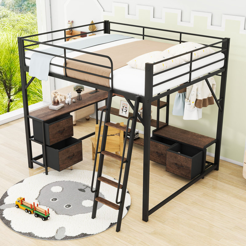 Loft Bed With Desk, LED Light, Storage Shelves, And Charge Station, Queen