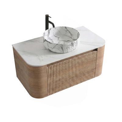 Meuble-lavabo Erba 48 pouces avec lavabo, armoire murale couleur miel avec porte-serviettes offert, lavabo simple en céramique de Carrare, sans bonde ni robinet, préassemblé