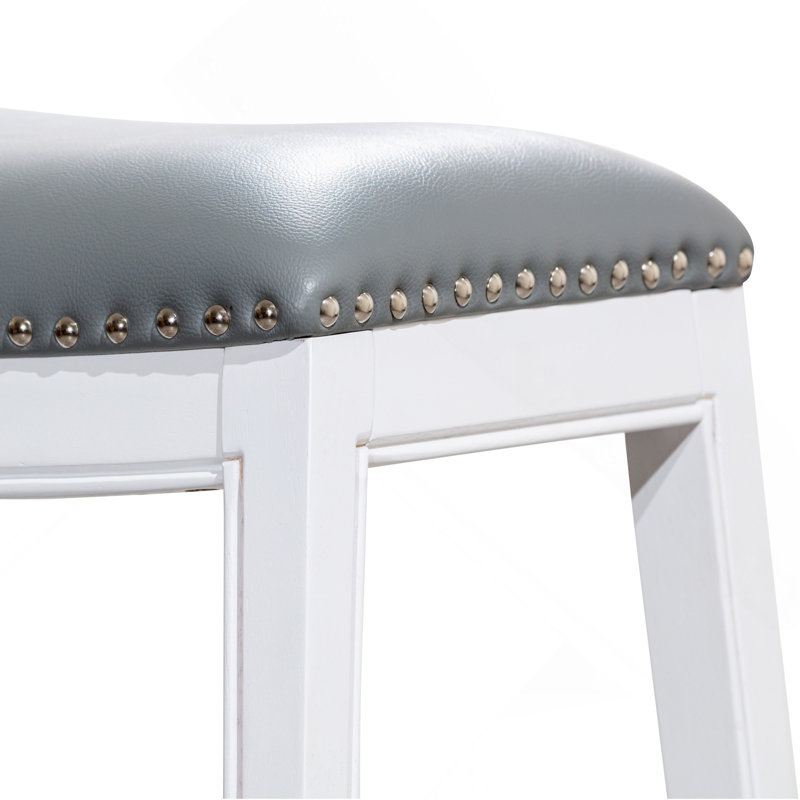 Tabouret 30 ", finition blanche, siège en cuir noir