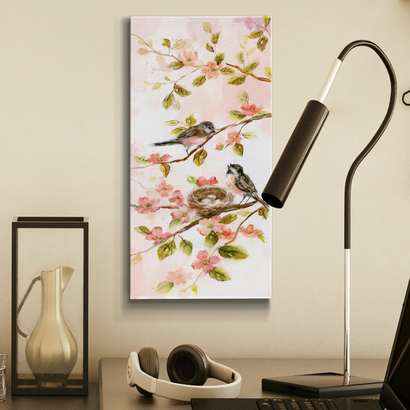 «Blush Birds II», peinture sur toile tendue, H 16 po x l 8 po x P 1 po