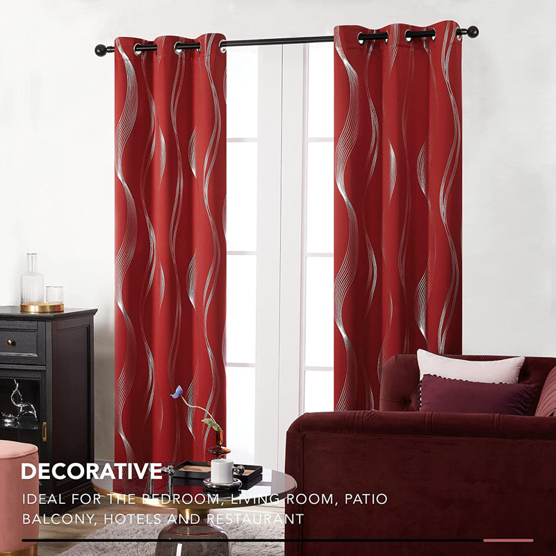 Spurgh Sliver Wave Foil Print Blackout Thermal Grommet Curtain Panels (Set of 2), 42" W x 84" L, True Red